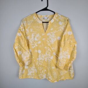Liz Claiborne Floral Blouse V-Neck 3/4 Sleeve‎ Top Yellow White S Linen Blend